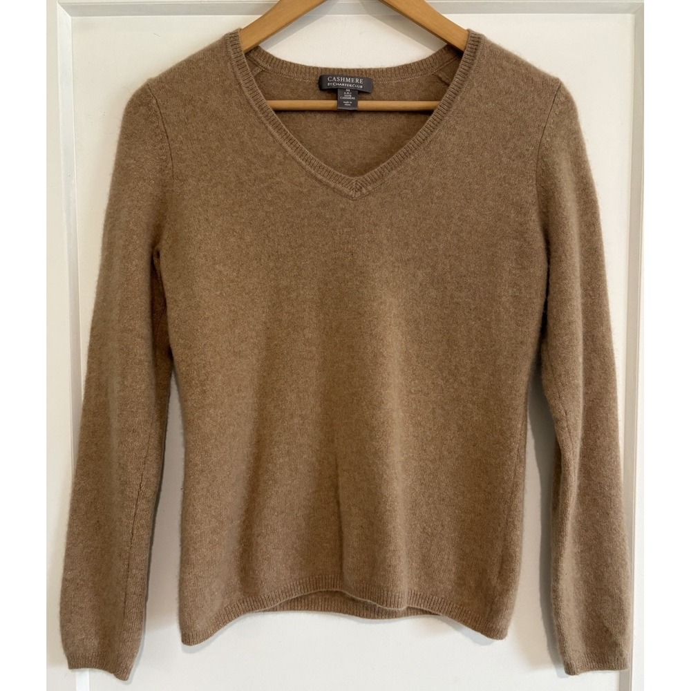 Charter Club Medium M Cashmere V-Neck Sweater Camel Tan 2-Ply Long Sleeve Knit